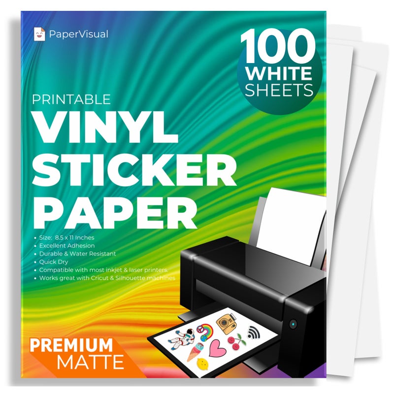 PAPERVISUAL Premium Printable Vinyl Sticker Paper for Inkjet and Laser Printer - 100 White Matte Sticker Paper Waterproof - Excellent Adhesion Paper 8.5 x 11, Fast Dry, Holds Ink Well, Great for Cutting Machines - Image 1